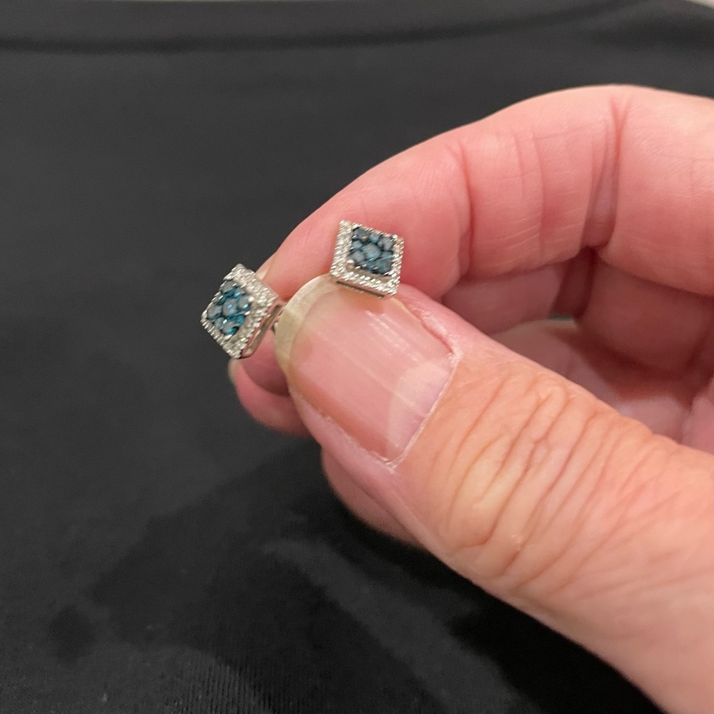 14K White Gold Blue and White Diamond Pave Earrings - Picture 2 of 4